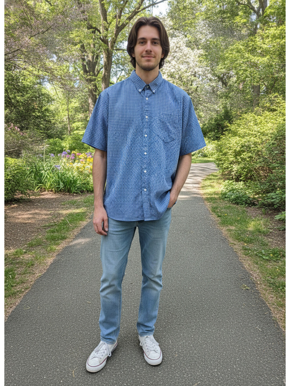 Dockers Men’s XXL Short Sleeve Button Down Shirt Blue Gingham Check 100% Cotton